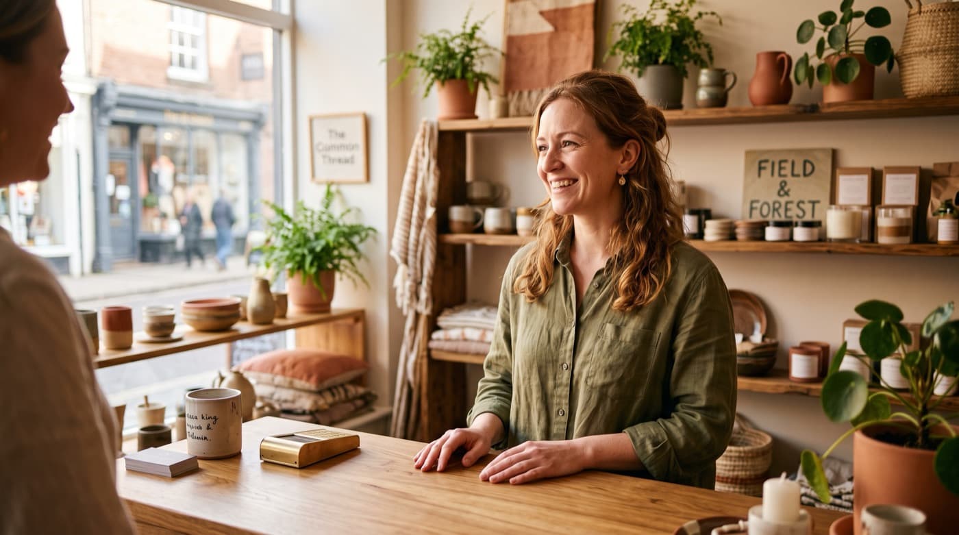 A friendly shop owner helping a customer across the counter of an independent store