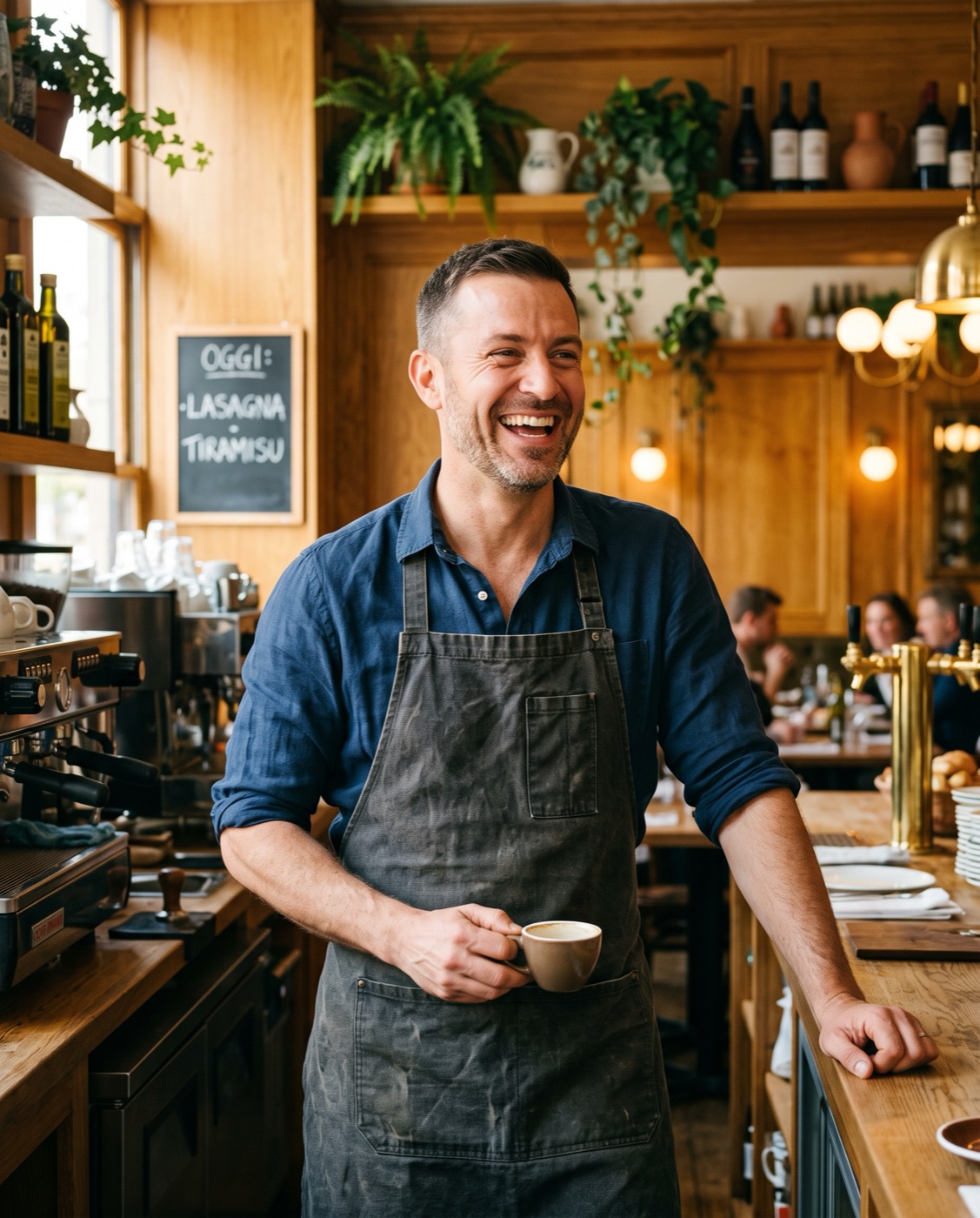 Happy trattoria owner behind his counter