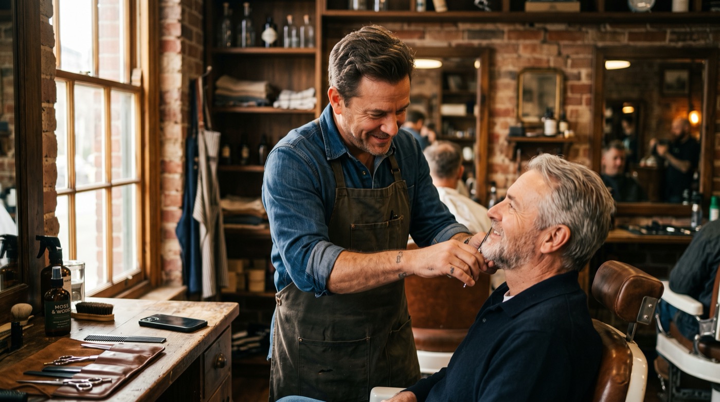 Mid-cut, hands full — and the 4pm caller still gets booked.