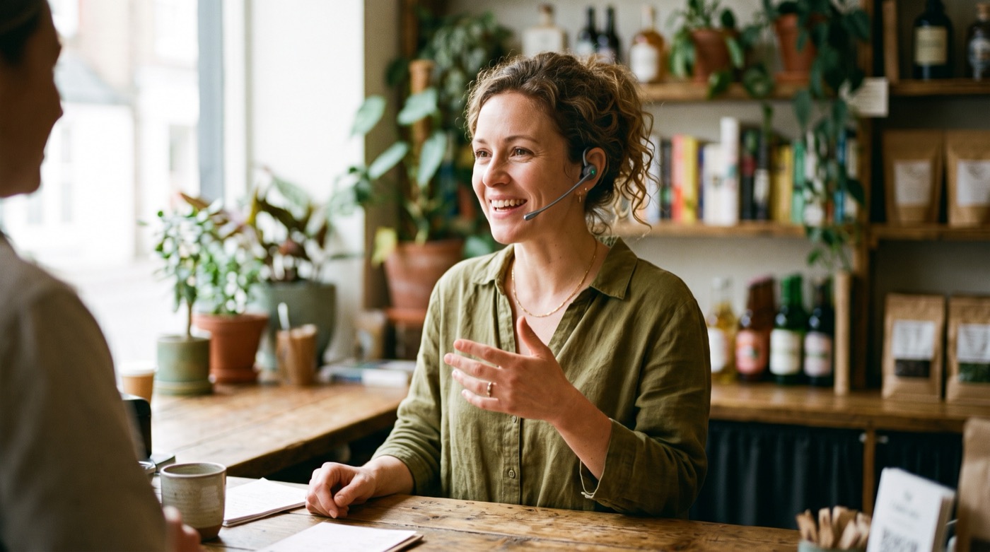 On a headset, between customers — the call still reaches the right person.